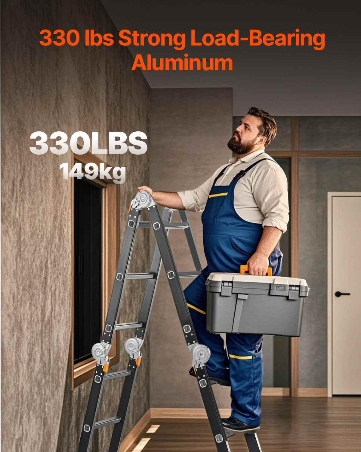 Multi-Purpose Folding Ladder, 7-in-1 Tall Extension Step Ladder, A Frame 3 Step with Scaffolding Plank Telescoping Ladder, 12ft Reach Height Heavy Duty Ladder, 330 lbs Capacity for Home Outdoor