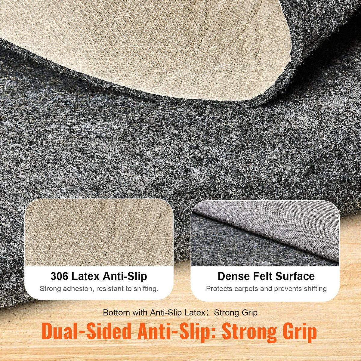 - Slip-Resistant Rug Pad - Protective Cushioning Carpet Pad - 8' x 10' - 1/4"Thick - Dual Surface - Polyester Felt + Latex - Gray - 7-8㎡ Area Carpet Padding Rug Cushion Safe for All Floors
