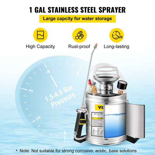 1 Gallon Stainless Steel Sprayer, 12" Wand & 3FT Reinforced Hose, Hand Pump Sprayer with Pressure Gauge, Safety Valve & Adjustable Nozzle, Garden Weed Sprayer for Lawn, Gardening, Sanitizing