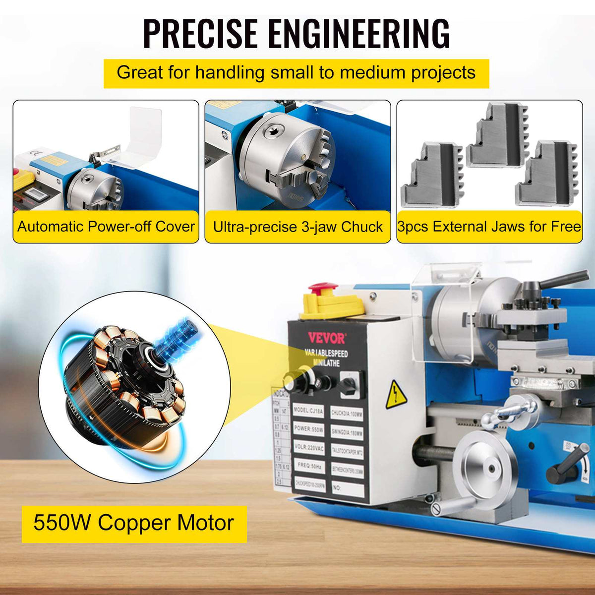 Compact Metal Lathe, 7"x14", Desktop Metalworking Lathe, 550W, Adjustable Speed up to 2250 RPM, Includes 3-jaw Chuck and Digital Display, Precision Crafting Lathe with Tool Box for Metalworki