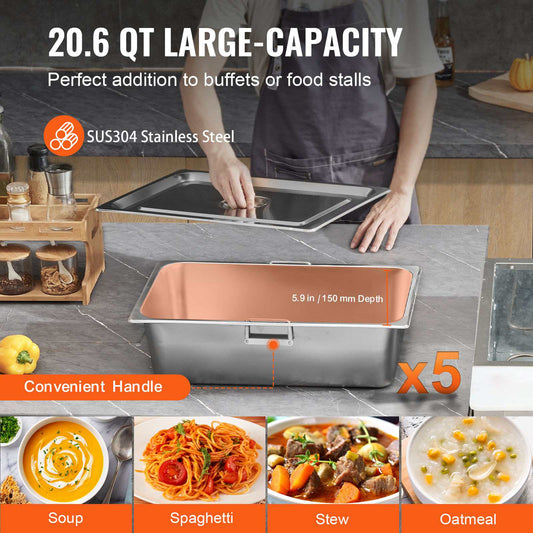 5-Pan Commercial Food Warmer, 5 x 20.6QT Electric Steam Table, 3750W Professional Buffet Catering Food Warmer with 4 Wheels (2 Lockable), Food Grade Stainless Steel Server for Party Restaurant