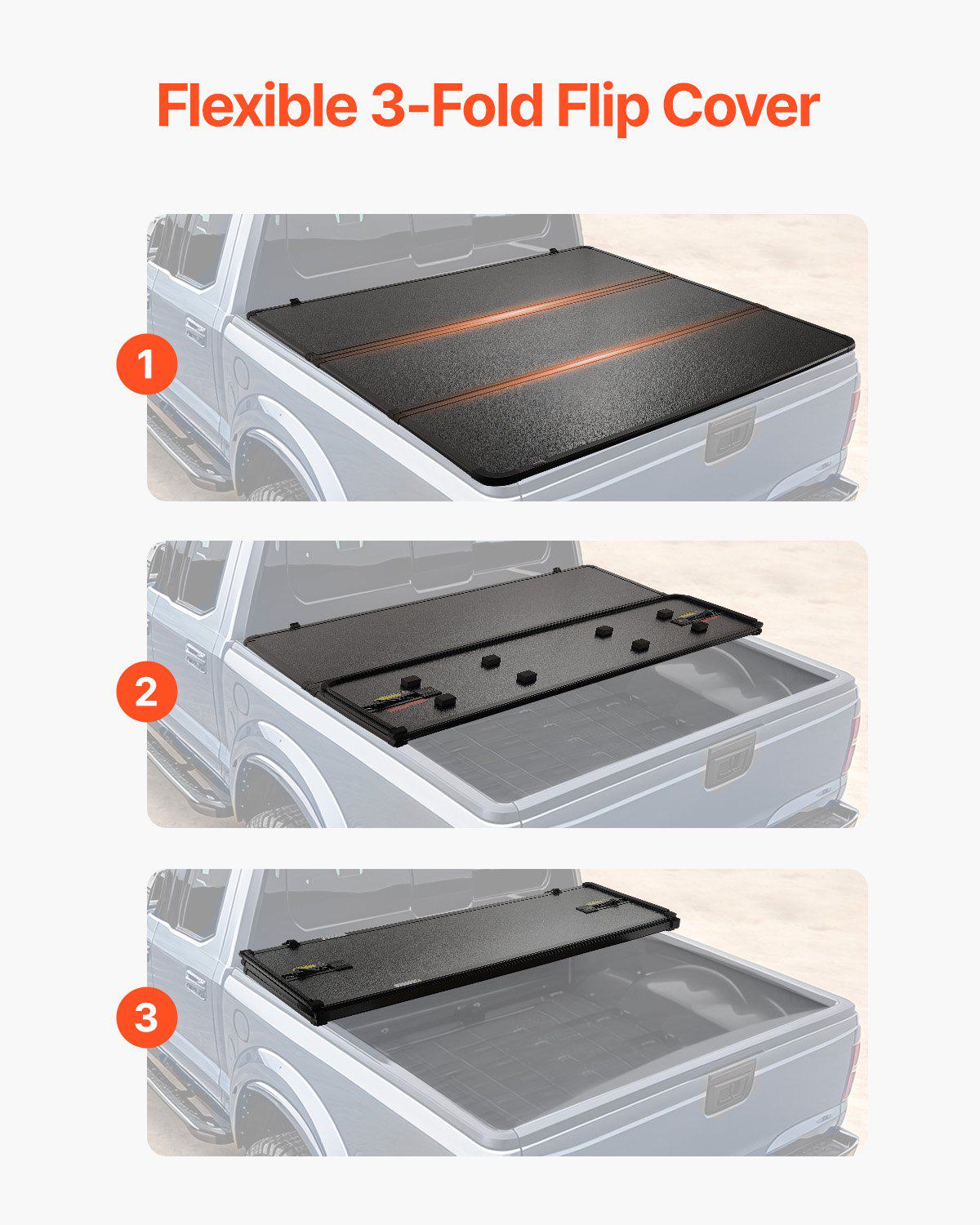 Tri-Fold Truck Bed Tonneau Cover, Compatible with 2015-2024 Ford F-150, 6.5' (79") Bed, Only Fit 6.5' x 5.4' (79" x 65.2") Inside Bed, 400 lbs Load Capacity, LED Light, Quick Folding, Black