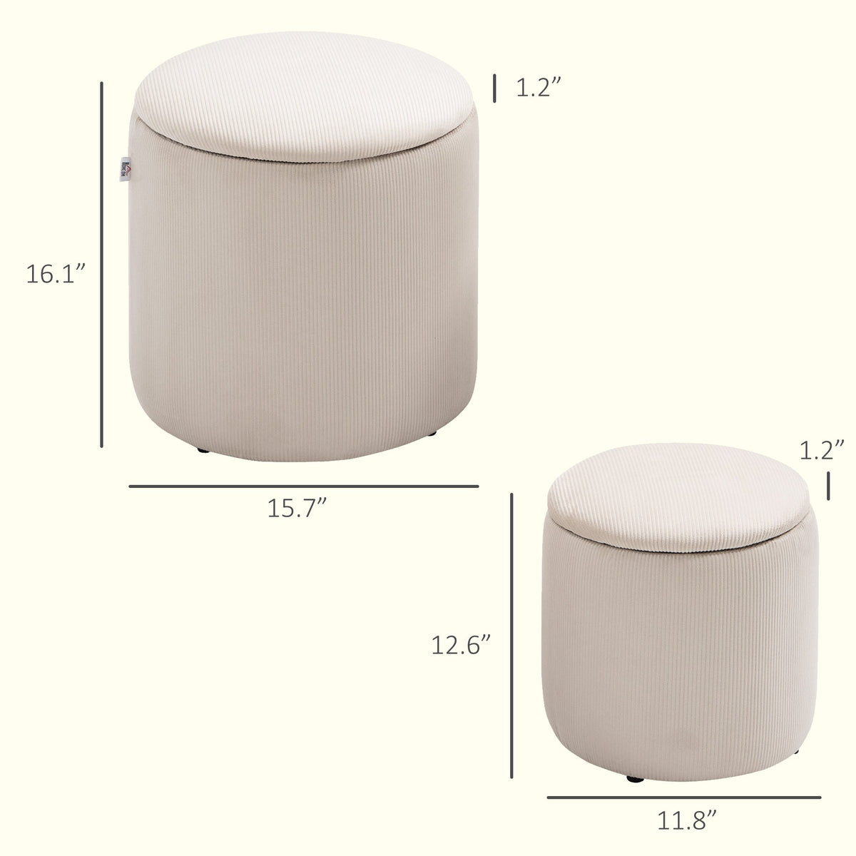 Corduroy Stool, Ottoman with Storage Set of 2, Removable Wood Lid, Hidden Space, Cream White