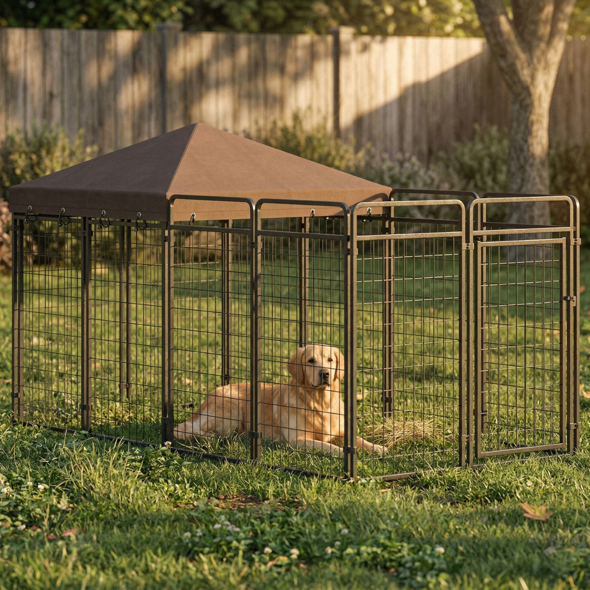 Dog Kennel Outdoor with Waterproof Canopy, Dog Run with Galvanized Chain Link, Secure Lock