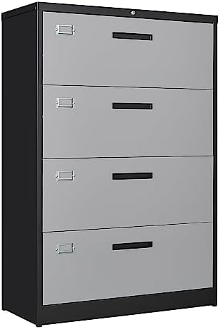 Letaya 4 Drawer Lateral Metal Filing Cabinet with Lock-File Cabines-Organization Storage Cabinets for Home Office-Hanging Letter/Legal/F4/A4 Size (4 Drawer-Grey Black)