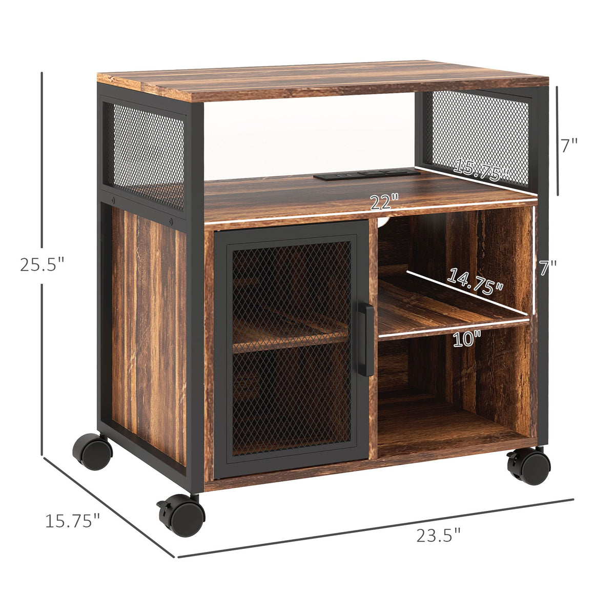 Printer Stand with Socket and USB Charging Ports, Industrial Mobile Printer Table with Storage and Wheels, Rustic Brown