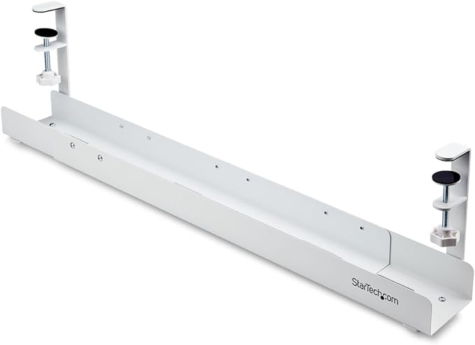 StarTech.com Under Desk Cable Management Tray, Length Adjustable, Clamp-On Installation, No Drilling Required, White