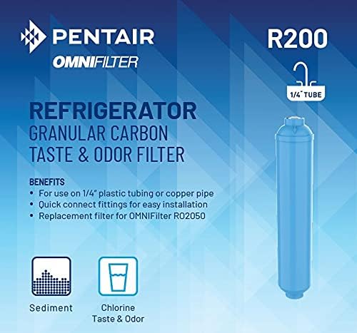 OMNIFilter R200 Inline Water Filter for Refrigerators & Ice Makers, 1/4" Quick Connect Fittings, Removes Sediments, Chlorine Taste and Odor, 15 Micron, Blue