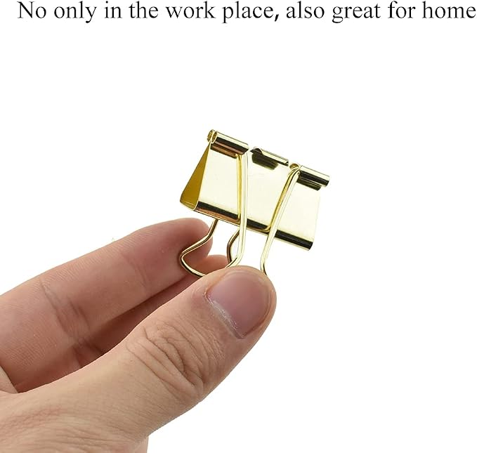 HAHIYO Binder Clips Paper Clamps Spring Steel Sturdy Medium 1.26 inches Width 0.39 Inch Capacity No Sharp Edges Heavy Duty Tight Grip Reusable Gold Metal Bright Finish for Home Office School 13 Pack