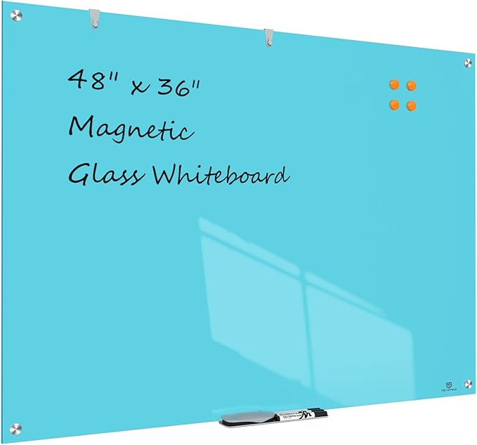 TSJ OFFICE Glass Dry-Erase Board - 48 x 36 Inches Wall Mounted Magnetic Whiteboard, Large Frameless Glass White Board for Office, Home & School, Blue