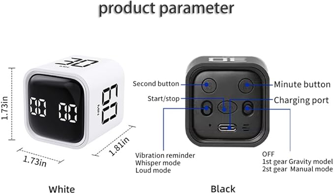 Digital Cube Pomodoro Timer Desk Rechargeable Productivity Timer 5/10/30/60min & Custom Countdown, Vibration & Adjustable Sound Alarm,for Task Work Kitchen ADHD Kids Studying (White)