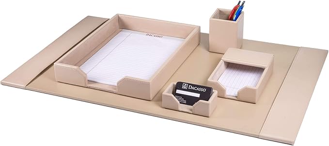 DACASSO Bonded Leather Desk Set - Luxury Leather Desk Pad & Desk Organization Essentials (White Latte, 5 Piece)