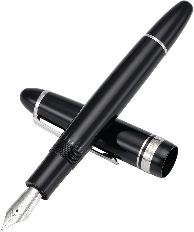 erofa Majohn P136 Piston Fountain Pen 1.1mm Stub Nib with Box, Black Resin Writing Pen Set