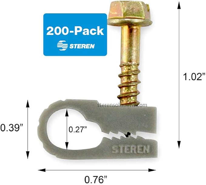 STEREN Coaxial Cable Clips - Cable Holder - Wire Clips - Siding Clips for Hanging - Cord Holder for Desk - Cable Clamps (Gray, 200 Count - Single Screw)
