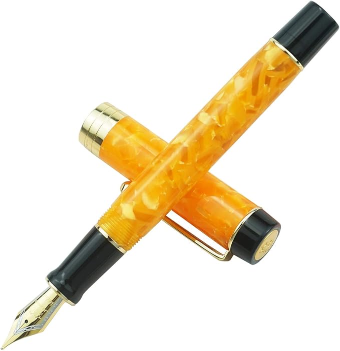 Jinhao 100 Fountain Pen Celluloid Classic Style, #6 Nib Smooth Writing Instrument with Refillable Converter and Pen Case Set