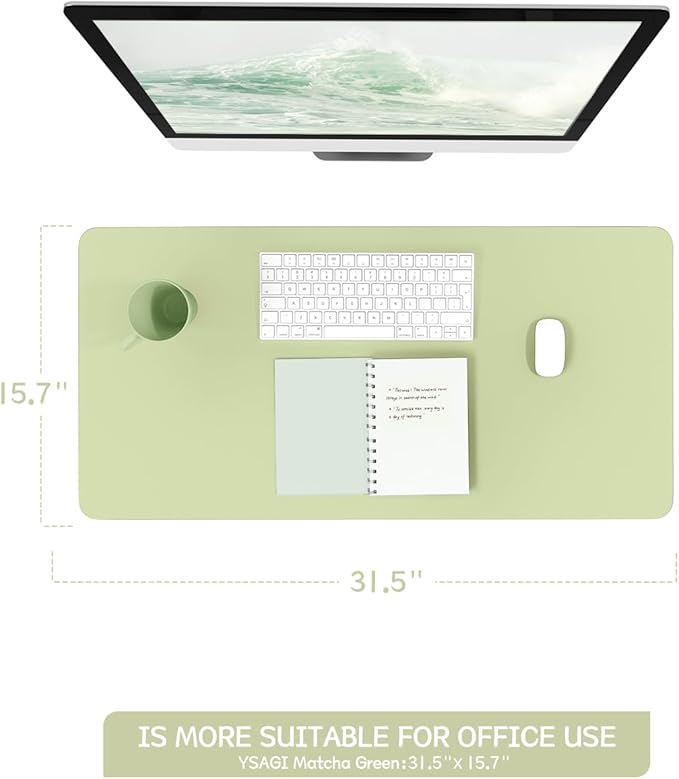 YSAGi Non-Slip Leather Desk Pad, Waterproof Laptop Computer Desk Keyboard Mat, Table Protector Blotter Mat, Large Mouse Pad for Office/Work/Home/Decor(Matcha Green, 31.5" x 15.7")