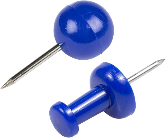 JAM PAPER Colorful Push Pins - Flat & Round Head Thumb Tack Combo Set - Blue Pushpins - 200/Pack