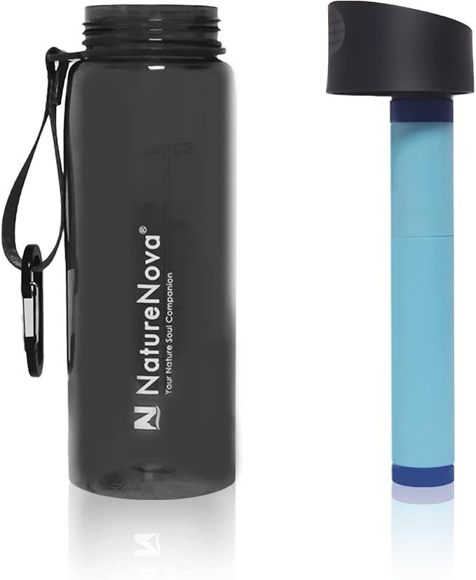 Water Filter Bottle with 4-Stage Integrated Filter Straw BPA Free for Camping, Hiking, Backpacking, Emergency and Travel, Black 650ml