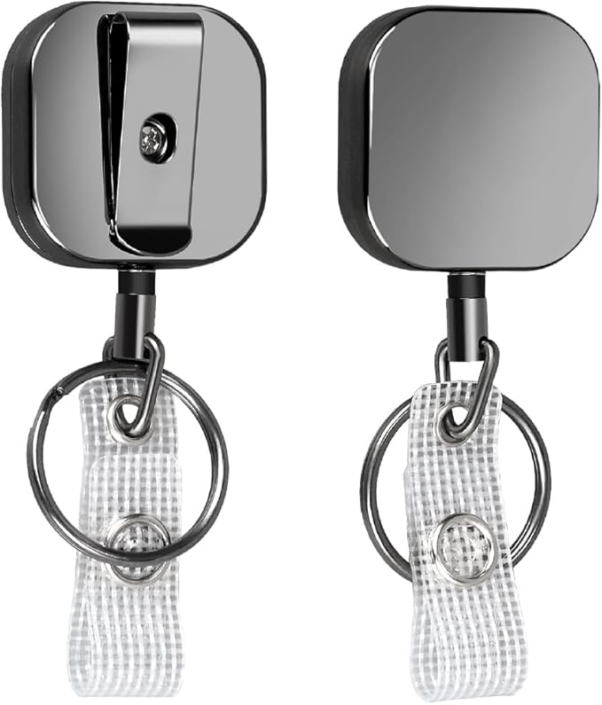 Will Well ID Badge Holder Reel with Clip and Keyring - Heavy-Duty All-Metal Casing with 23.6" UHMWPE Fiber Pull Cord for Easy Access, Holds up to 8 Keys - 2-Pack, Small Square, Glossy Black