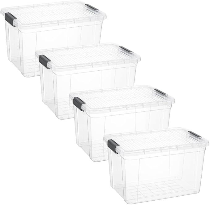 Superio Clear Storage Boxes with Lids, 14.25 Quart Plastic Container Bins for Organizing, Stackable Crates, BPA Free, Non Toxic, Odor Free, Organizers for Home, Office and Dorm, 4 Pack