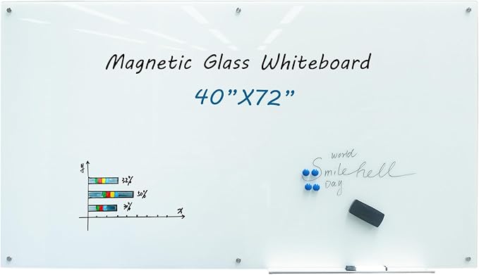 Magnetic Glass Dry Erase Board Frameless Wall Mounted White Board 40 * 72 WritingBoard Large Glass Board for Office School Home Accessory Tray, 3 Dry Erase Marker,4 Magnets and 1 Magnetic Eraser