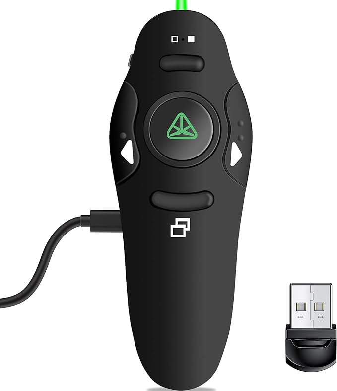 Rechargeable Presentation Clicker Wireless Presenter Remote USB Control Powerpoint PPT Clicker,Green Laser Pointer RF 2.4GHz Presenter Remote Google Slide Advancer for Computer/Laptop/Mac/Keynote