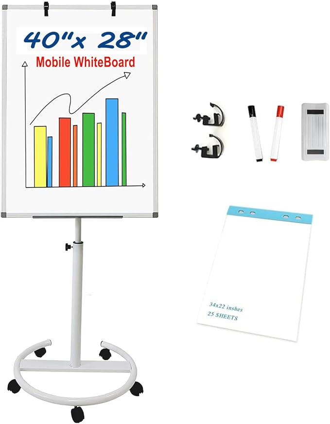 Mobile Easel Whiteboard 40x28 Inches – Adjustable Height Rolling Whiteboard on Wheels, Magnetic Portable Dry Erase Board Stand Easel White Board Flipchart Easel Board with Paper Pad