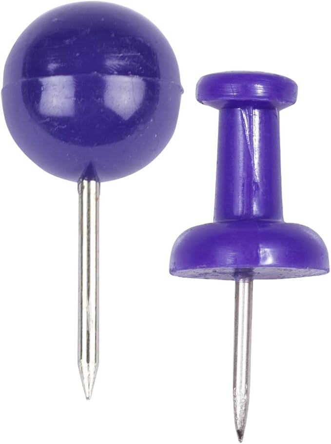 JAM PAPER Colorful Push Pins - Flat & Round Head Thumb Tack Combo Set - Purple Pushpins - 200/Pack