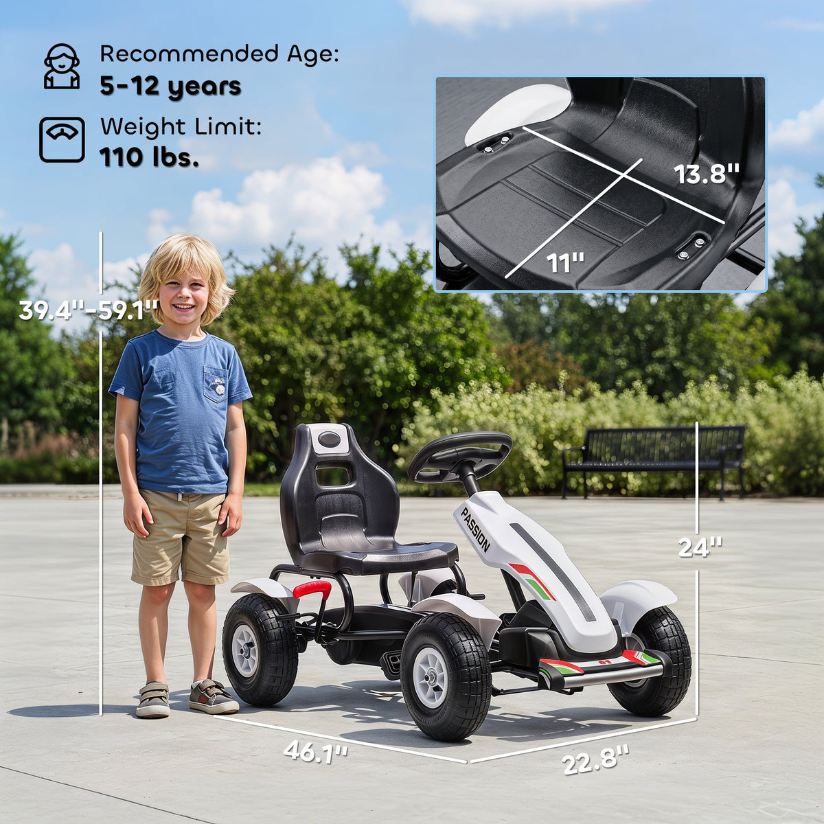 Kids Pedal Go Kart W/ Adjustable Seat, Rubber Wheels, White