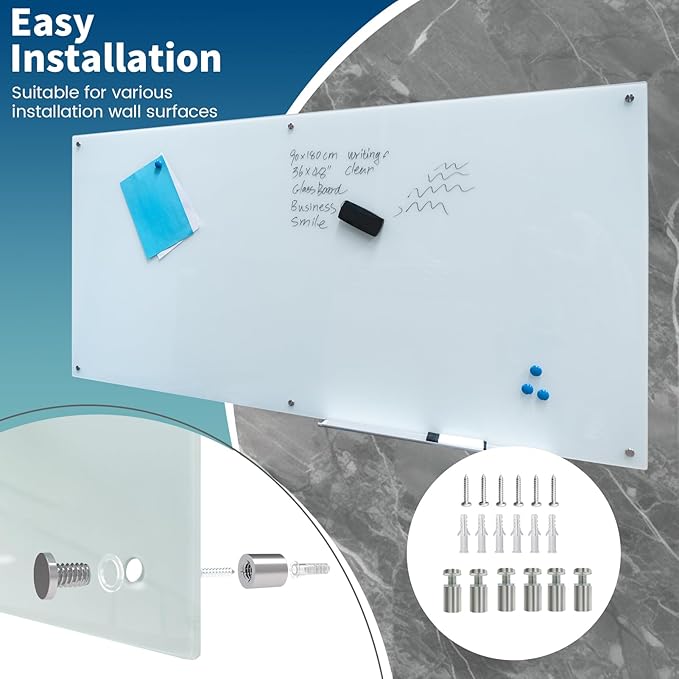 Magnetic Glass Whiteboard 36"X72" Dry Erase Board White Board Wall Mounted WritingBoard for Office School Home Accessory Tray 3 Dry Erase Marker 4 Glass Board Magnets and 1 Magnetic Eraser