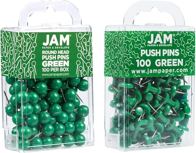 JAM PAPER Colorful Push Pins - Flat & Round Head Thumb Tack Combo Set - Green Pushpins - 200/Pack