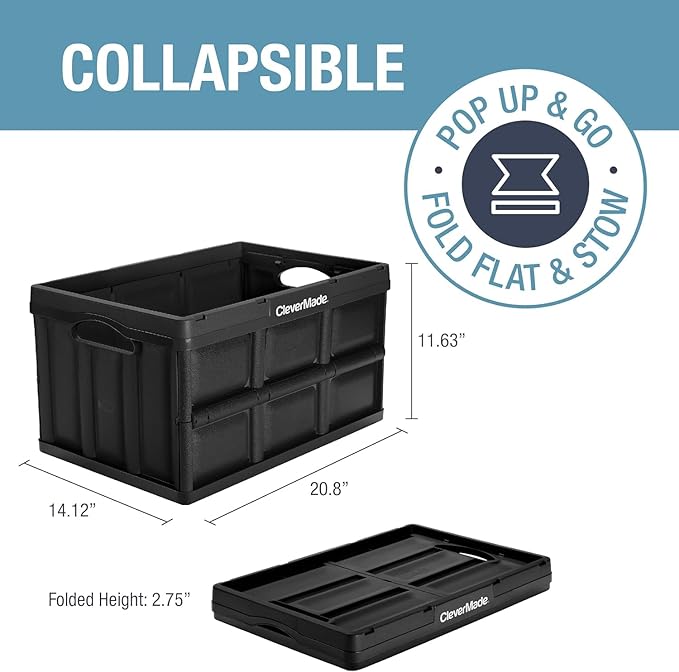 CleverMade Collapsible Storage Bins - Stone 3 Pack 46L - Stackable Containers Heavy Duty Capacity Folding Crates - Space-Saving for Home