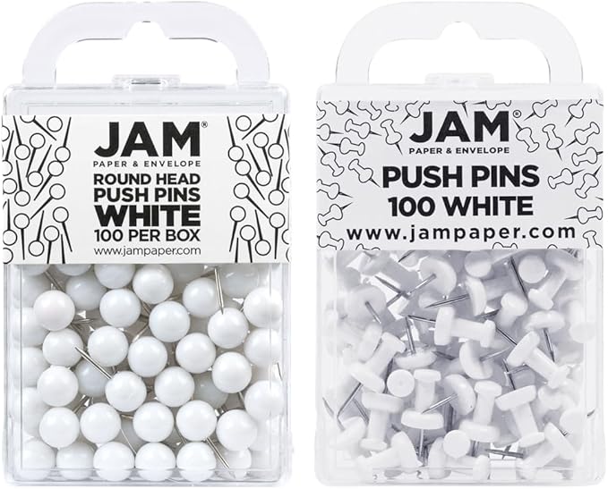 JAM PAPER Colorful Push Pins - Flat & Round Head Thumb Tack Combo Set - White Pushpins - 200/Pack