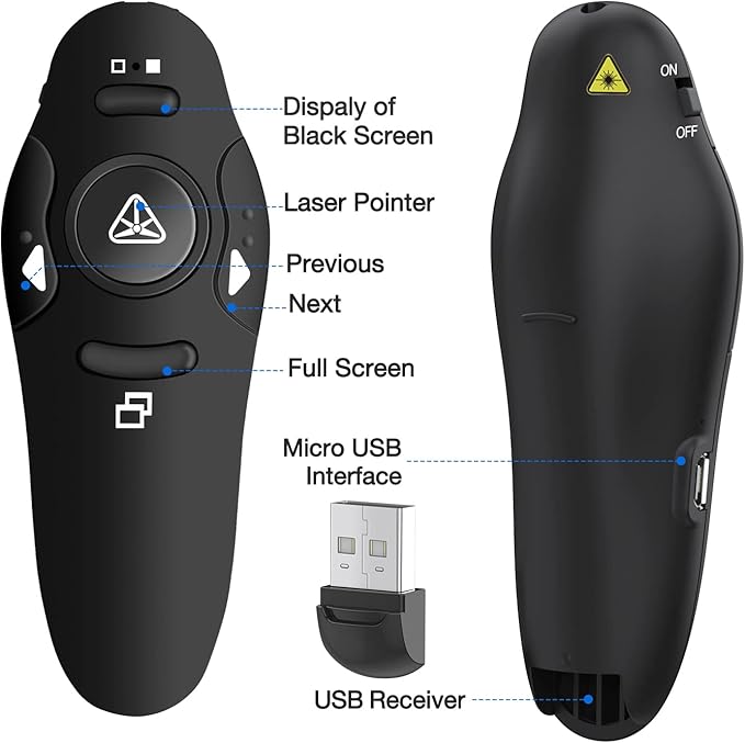 Rechargeable Presentation Clicker Wireless Presenter Remote USB Control Powerpoint PPT Clicker, Red Laser Pointer RF 2.4GHz Presenter Remote Slide Advancer for Computer/Laptop/Mac/Keynote