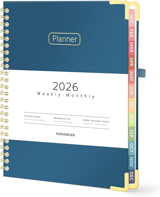 Forvencer 2026 Planner, Hardcover Calendar Planner Weekly and Monthly, Jan 2026 - Dec 2026, 6" x 8", Spiral Agenda Book with Tabs, Exquisite Daily Journal Organizer for Home School, Navy Blue