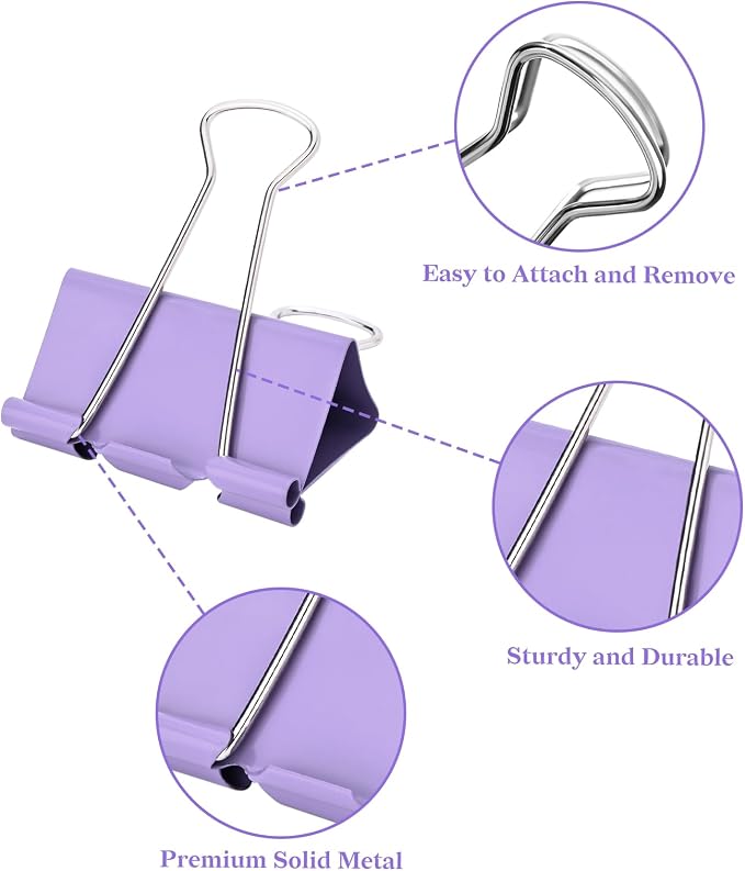 Temiary Aesthetic Binder Clips, Large Metal Binder Clip with Clear Storage Container, Binding Paperwork Clamps for School Teachers Office Supplies (Purple 1.6 Inch, 24P)