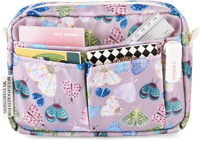 E-WEICHEN Multiple Pockets Portfolio Organizer with Zippered, Makeup Bag Travel Essentials for Women, Simple Waterproof Stationery Pencil Pouch Bag for Journal Office Art Supplies.Purple Moth