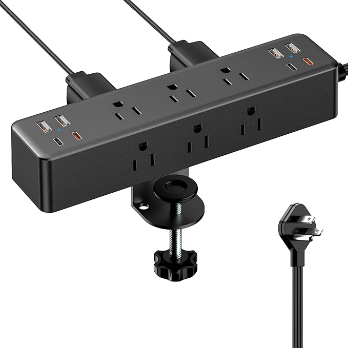 Flat Plug Desk Clamp Power Strip 10FT, 40W Total Fast Charging Station, Dual PD 20W USB C Ports, Desk Edge Mount Power Strip 9 AC Outlets 8 USB Ports(4 USB C) Surge Protector, Fit 1.7" Tabletop Edge