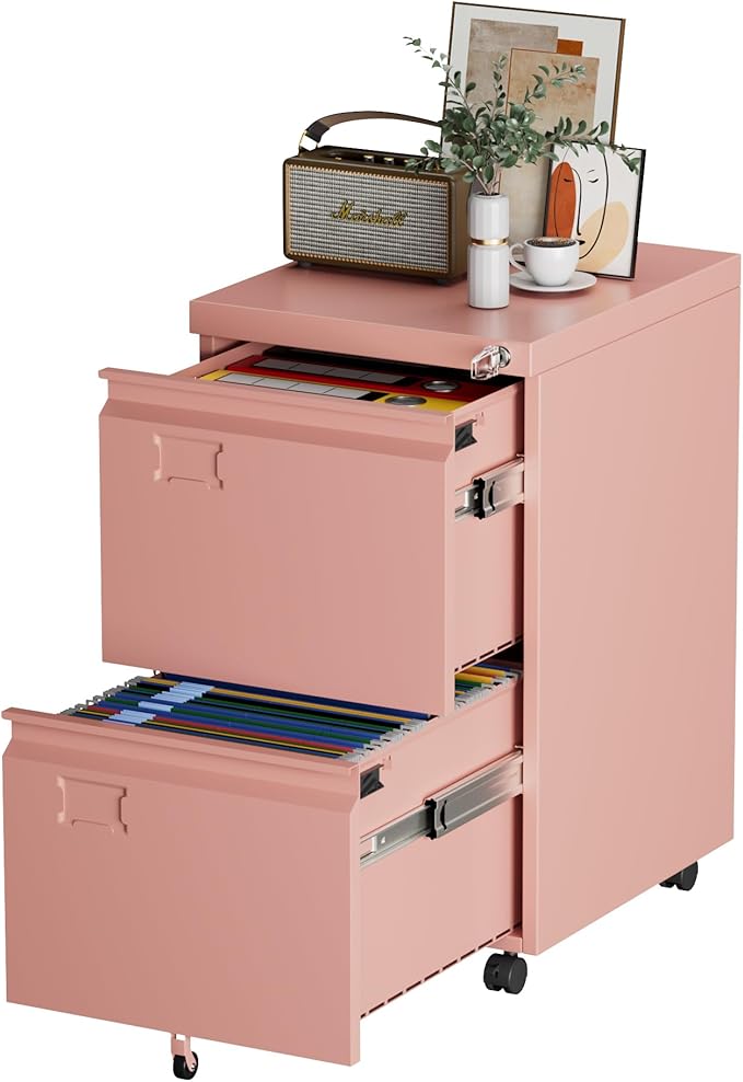 METAN 2 Drawer Vertical File Cabinet with Lock, Mobile Metal Filing Cabinet for Legal/Letter Size, Office Storage File Cabinet Under Desk with Card Holder,Assembly Required,Pink