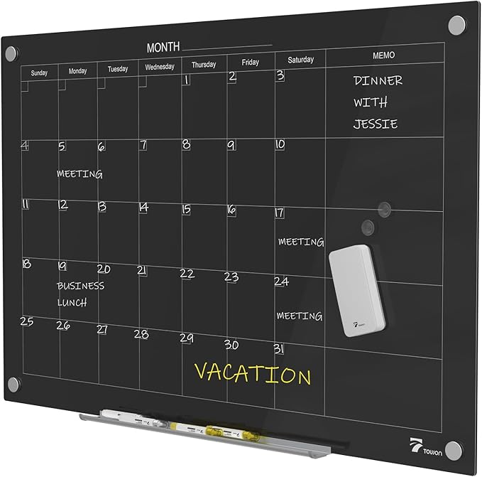 TOWON 47 x 35 Inch Glass Dry Erase Board Reminder, Magnetic Whiteboard Calendar Yearly, Monthly Planner Set for Office, Kitchen and School, Black