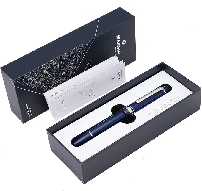 erofa Majohn P136 Piston Fountain Pen Extra Fine Nib with Box, Dark Blue Resin Writing Pen Set