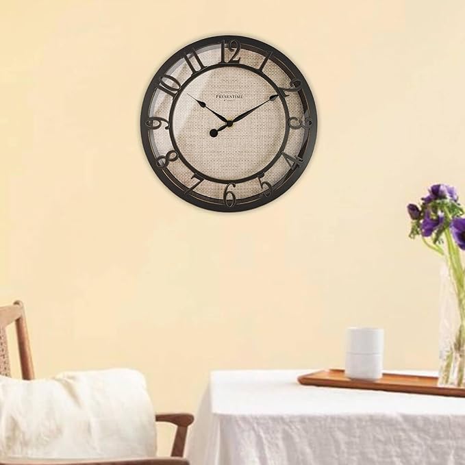 Presentime & Co 10" Farmhouse Series Wall Clock, Cottage Style, Faux Burlap Design, Silent no Ticking, Oil Rubbed Bronze Finish
