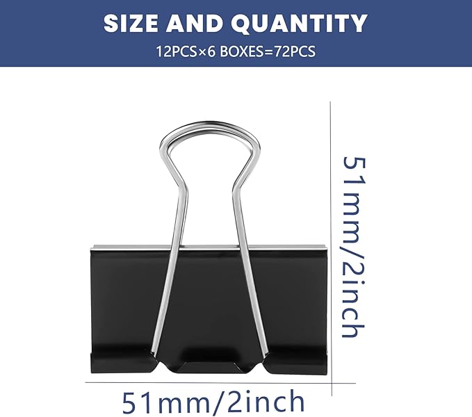72 Pcs Extra Large Binder Clips 2 Inch Paper Clip Large Binding Clip, Jumbo Paperclips Bulk, Heavy Duty Big Paperwork Clamp Black, Kitchen School Teachers