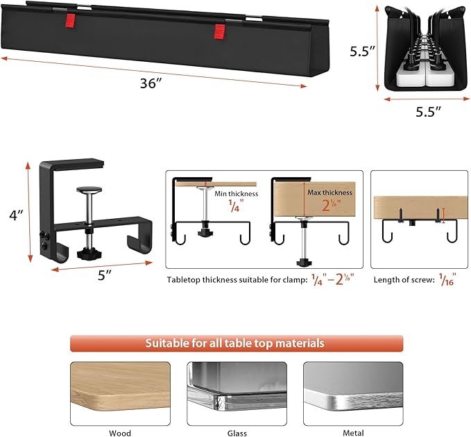 Univivi No Drill Under Desk Cable Management Tray, 36" Cord Organizer for Table, Clamp/Screw Mount Desk Cable Management, Premium Fabric Cable Management Tray for Office, Home