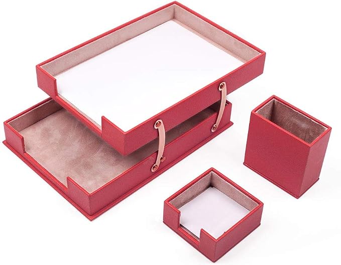 MOOGCO Bonded Set Luxury Leather Desk Pad & Desk Organization Essentials Desk Organizer Leather Desk Organizer (Red)