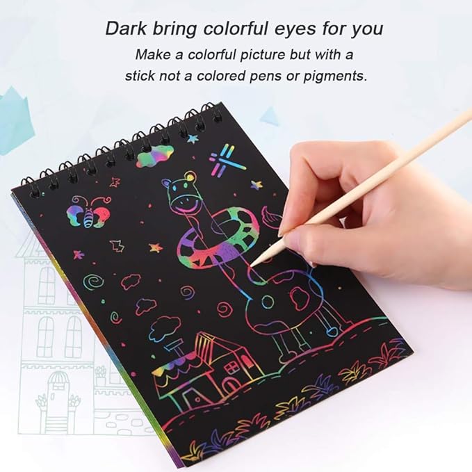 POKONBOY 16 Pack Scratch Arts and Crafts Notebooks, Scratch Note Pads for Kids Rainbow Party Favors Coloring Books for Kids Art Party Supplies Stocking Stuffers（16 Wooden Stylus & 4 Drawing Stencils）