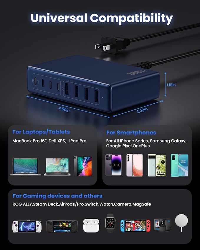 200W USB C Charger Block,GaN IV Charging Station 8 Ports,QC4.0 Fast Charging Station Hub+PD 65W USB C Laptop Charger Adapter Compatible with MacBook Air/Pro,DELL,iPhone 17/16,iPad,Steam Deck-Deep Blue