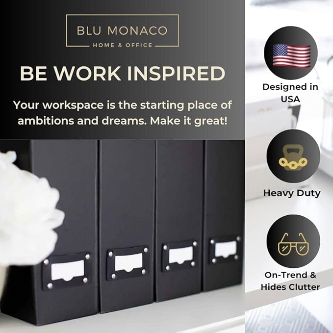 BLU MONACO Foldable Black Magazine File Holder – Set of 6 | Cardboard Desk File Organizer Boxes with Leather Label Holders | Vertical Magazine Storage for Office, Classroom & Home