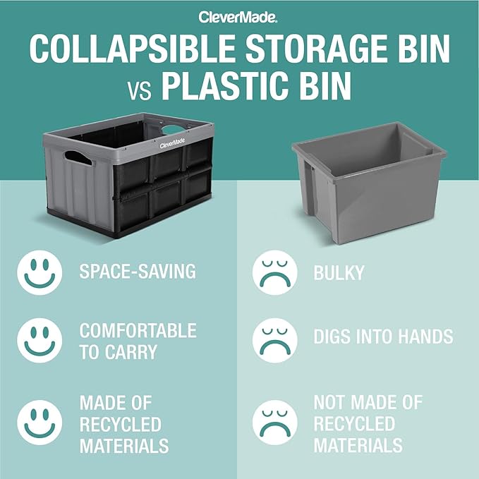 CleverMade Collapsible Storage Bins - Stone 3 Pack 32L - Stackable Containers Heavy Duty Capacity Folding Crates - Space-Saving for Home