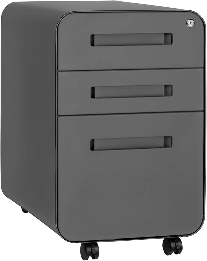Laura Davidson Furniture Stockpile 3 Drawer File Cabinet with Lock - Under Office Desk Metal Filing Cabinet, Legal/Letter File Folders, Wheels and Stationary Feet, Pre-Assembled, Dark Grey